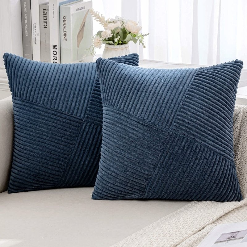 MIULEE Corduroy Pillow Covers Pack of 2 Decorative Windmill Striped Spliced Throw Pillow Covers Soft Couch Pillowcases Boho Patchwork Cushion Covers for Living Room Bed Sofa 18×18 inch, Blue