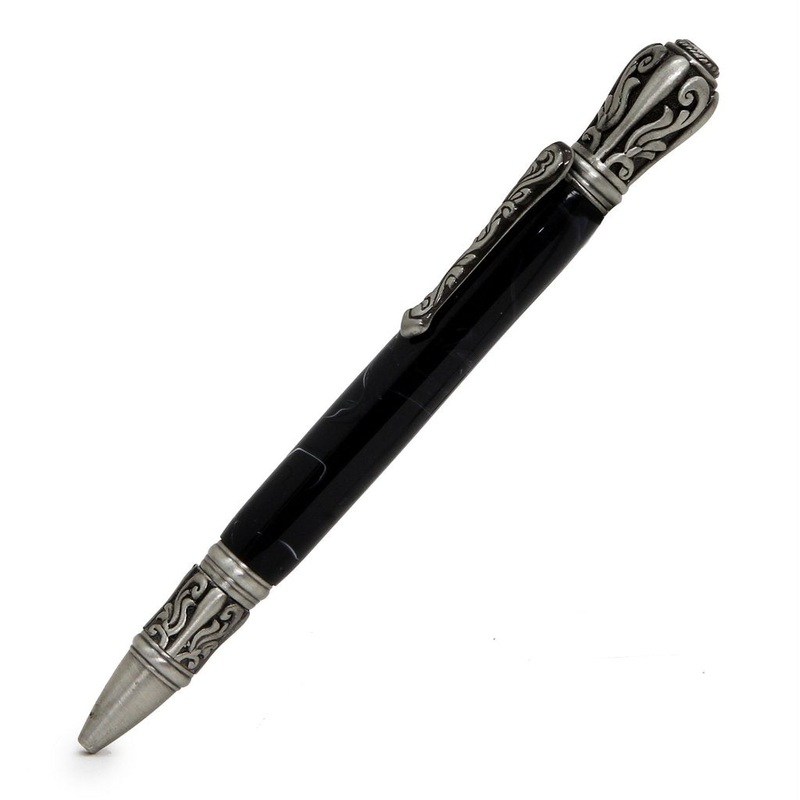 ART-PEN: Handcrafted Luxury Twist Pen – Deruta Perugino – Ant. Pewter with Marble Galaxy Black body.