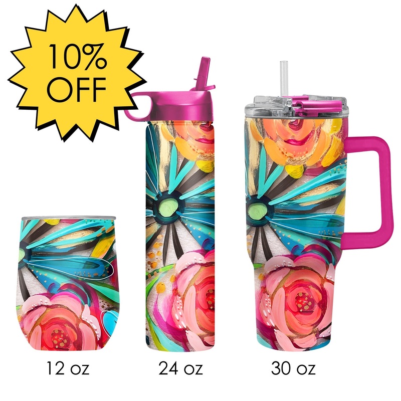 EttaVee “Flowers On Glass” Insulated Drinkware Set of 3, 1 per size