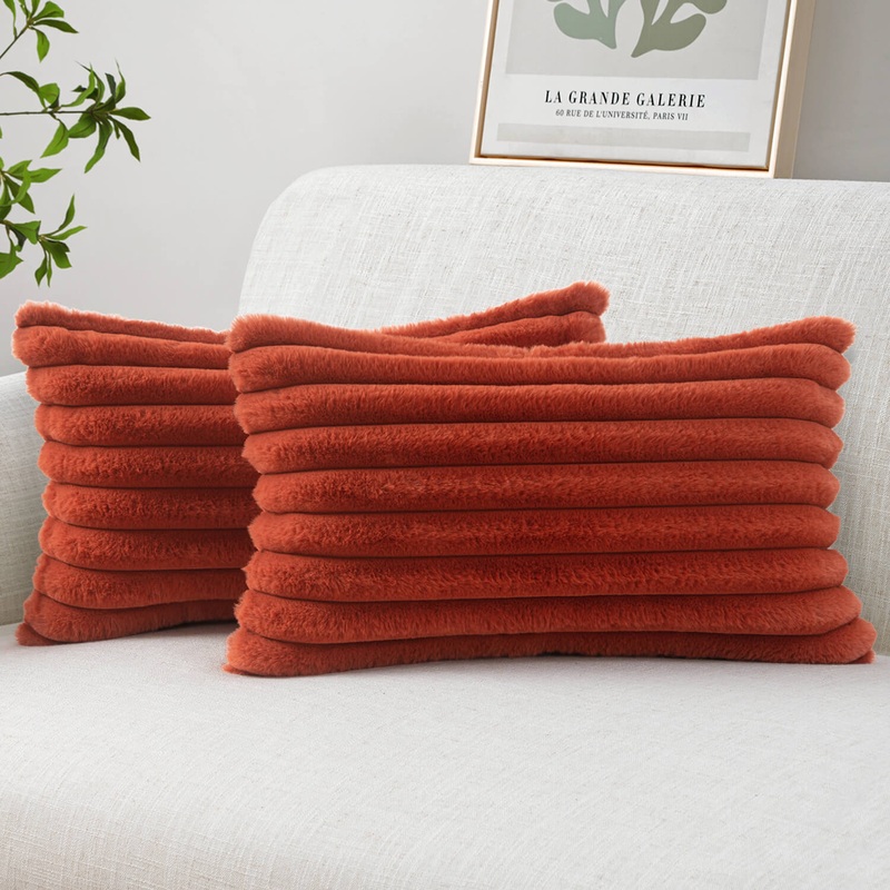MIULEE Faux Fur Lumbar Decorative Throw Pillow Covers 12×20 Inch Set of 2, Retro Vintage Boho Home Decor Soft Plush Couch Pillows Cozy Fluffy Cushion Covers for Sofa Bed Rust