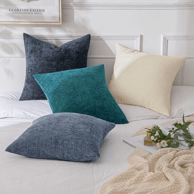 MIULEE Pack of 4 Throw Pillow Covers 18×18 Inch Soft Chenille Couch Pillow Covers for Sofa Living Room Solid Dyed Pillow Cases Navy Blue-White