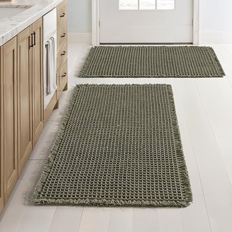 MIULEE Set of 2 Waffle Bathroom Rugs, Super Absorbent Non Slip Bath Rugs, Machine Washable Bath Mats with Tassels, Ultra Soft Rubber Backed Shower Mats for Bathroom Floor, Tub, Green, 17″x24″+18″x30″