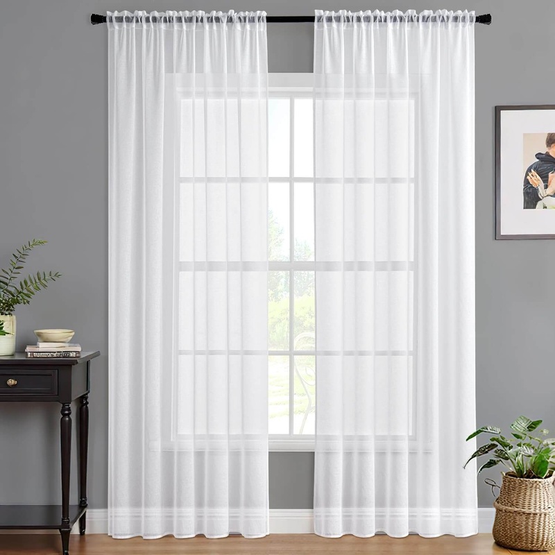 MIULEE White Sheer Curtains Linen Textured 84 Inches Long 2 Panels for Bedroom Living Room, Semi Transparent Farmhouse Rod Pocket Light Filtering Voile Window Drapes, W 42 x L 90 inch Length