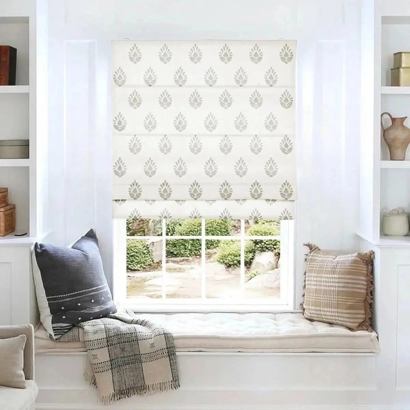 Stefana Silber Printed Cordless Roman Shade-Wooden Headrail