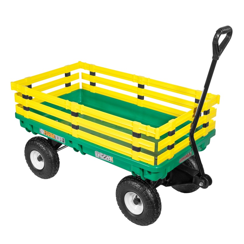 FARM-TUFF Durable Plastic Garden Wagon Utility Cart with Removable Side Racks and Pneumatic Tires for Outdoor Hauling, Green and Yellow, 20″ x 38″