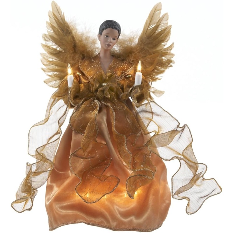Kurt Adler Lighted Christmas Tree Treetop, 10-Lights, African American Angel, Gold, 13in