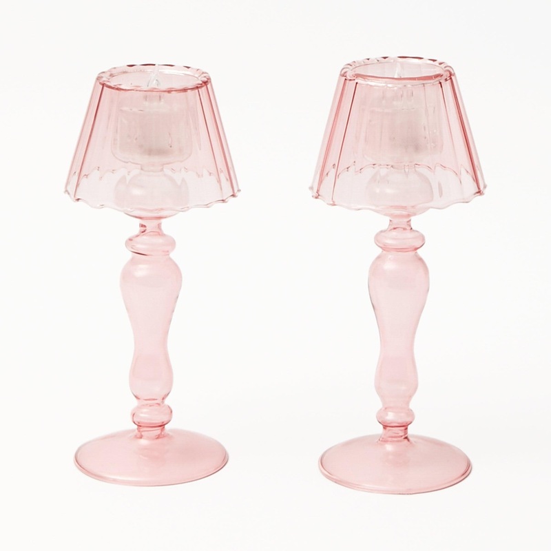 Pink Glass Lantern Tea Light Holder (Pair) – 24cm