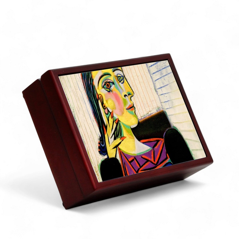 SUBLIMART: Wood Box  Lined large wood box with printed tile – Opera “Portrait of Dora Maar” by Pablo Picasso