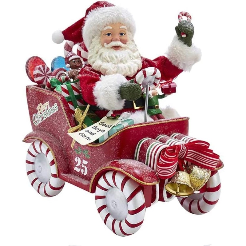 Kurt Adler Fabrich Musical Candy Car Santa Christmas Figurine, 8.5″