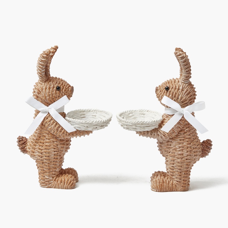 Rattan Ribboned Rabbit With Basket (Pair)