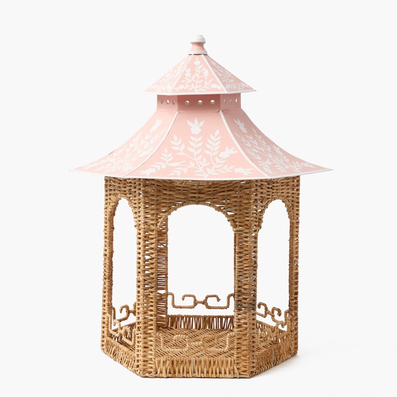 Large Natural Rattan & Pink Chinoiserie Pagoda Lantern