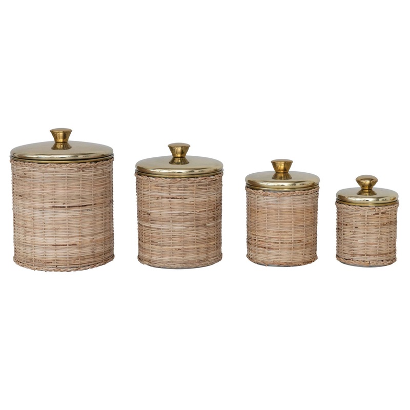 Rattan Wrapped Stainless Steel Canisters, Brass Finish