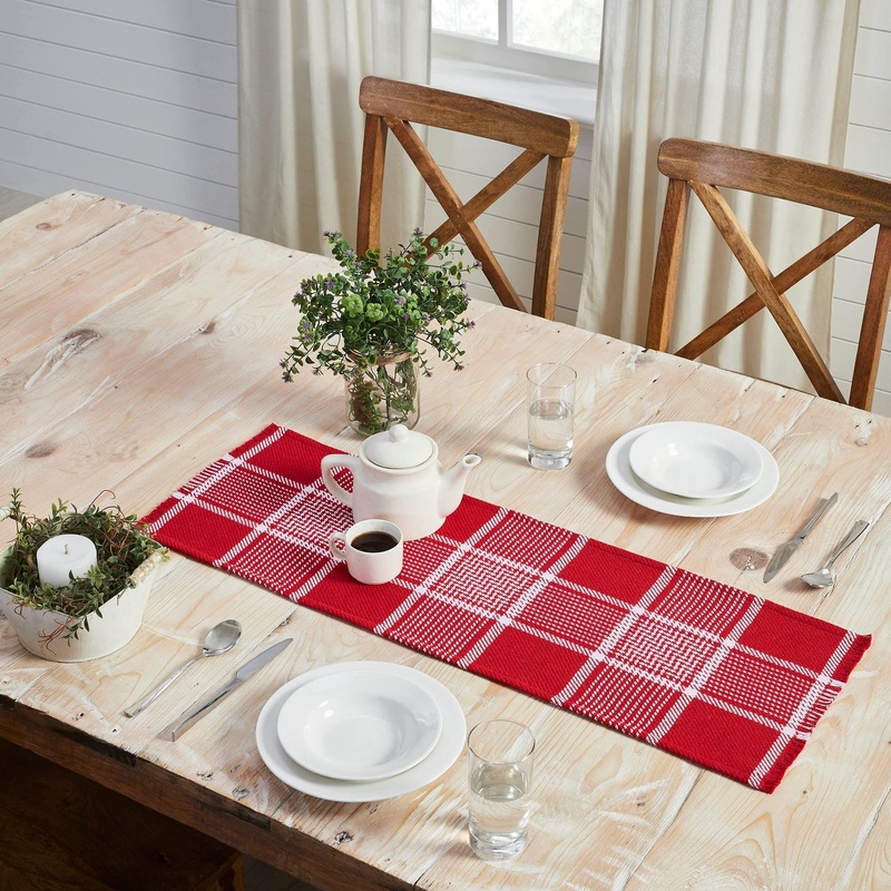 Eston Red White Plaid Runner Fringed 12×36