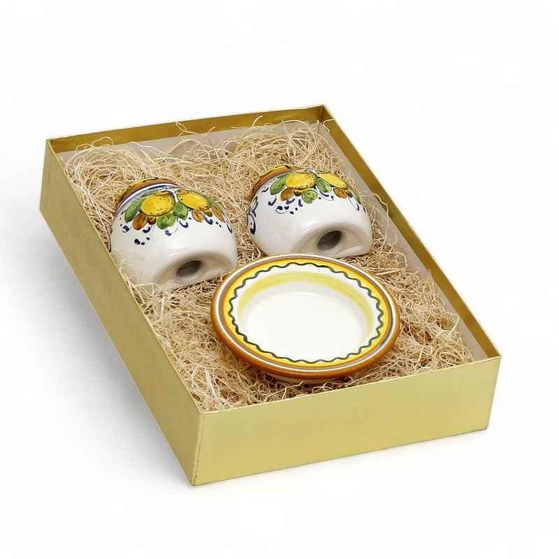 GIFT BOX GOLD: With authentic Deruta hand painted ceramic – LIMONCINI: ‘THE BETTER HALF’ SALT AND PEPPER SET WITH TRAY/SAUCER