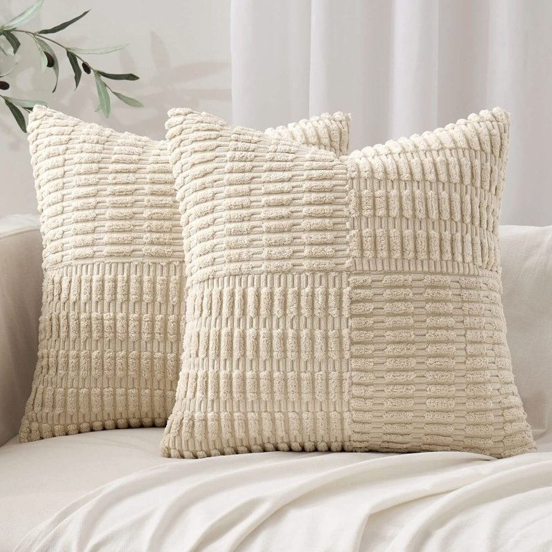 MIULEE Cream White Corduroy Pillow Covers Pack of 2 Boho Decorative Spliced Throw Pillow Covers Soft Solid Couch Pillowcases Patchwork Textured Cushion Covers for Living Room Sofa 20×20 inch