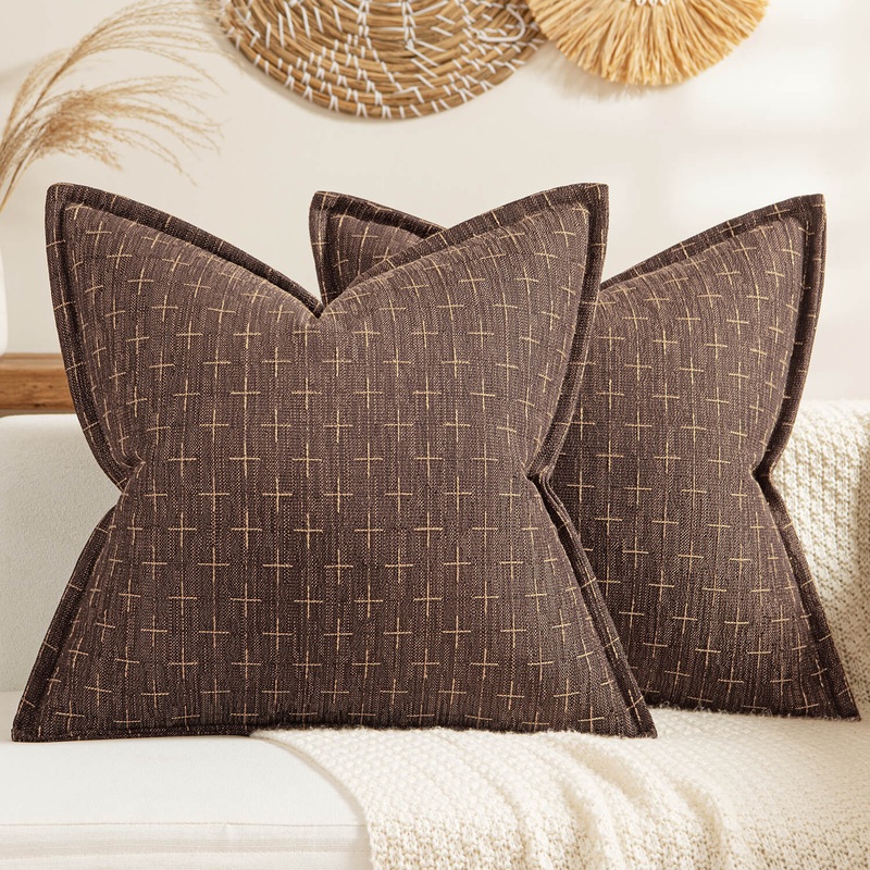 MIULEE Pack of 2 Decorative Burlap Linen Throw Pillow Covers Modern Farmhouse Pillowcase with Broad Edge Rustic Woven Textured Cushion Cover for Spring Sofa Couch Bed 18×18 Inch Dark Coffee