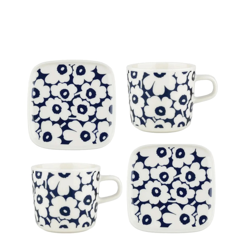 Oiva Pikkuinen Unikko Mug, 6.76 oz. & Plate 4-Piece Set, Dark Blue / White