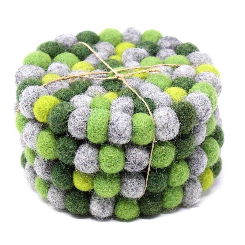 Hand Crafted Felt Ball Coasters from Nepal: 4-pack, Chakra Greens – Global Groove (T)