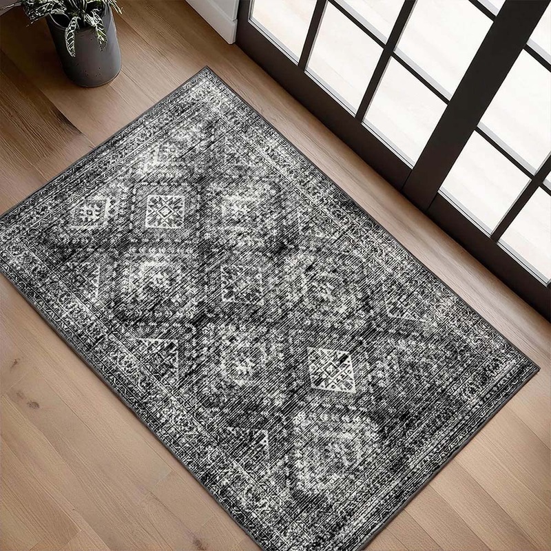 MIULEE 2×3 Washable Entry Rug Door Mat Indoor Entrance, Small Rug for Kitchen Bathroom Bedroom, Non-Slip Stain Resistant Throw Carpet Boho Entryway Decor, Black