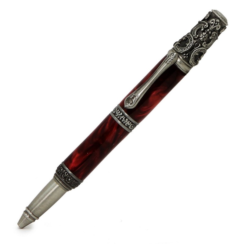 ART-PEN: Handcrafted Luxury Twist Pen – Ricco Deruta Design – Antique Pewter with Synthetic Burl Bright Red Acrylic body
