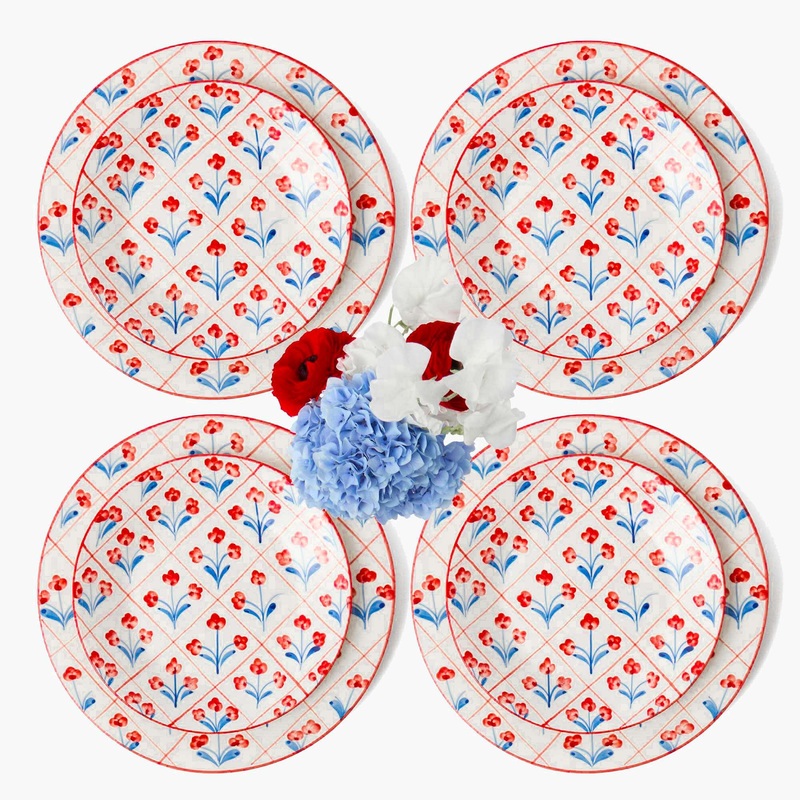Blue & Red Floral Trellis Dinner & Starter Plates (Set of 8)