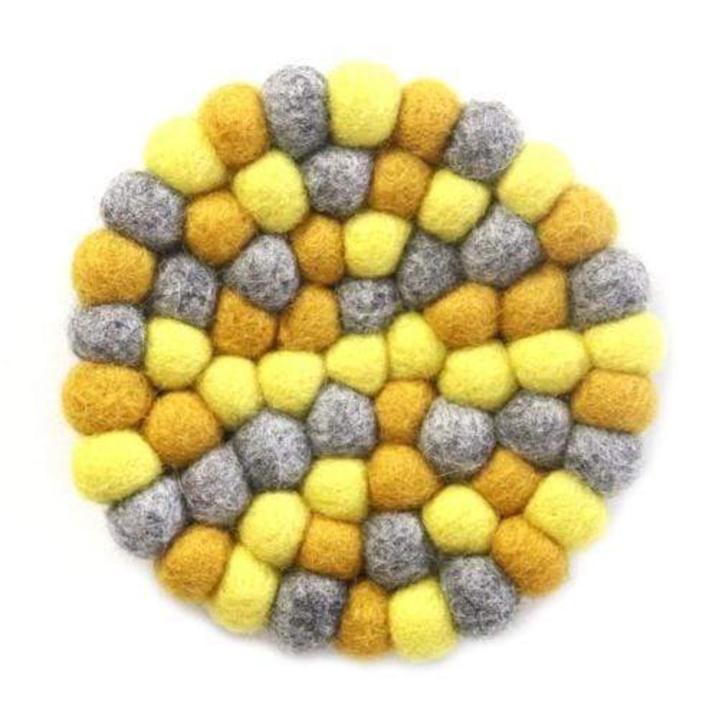 Hand Crafted Felt Ball Trivets from Nepal: Round Chakra, Yellows – Global Groove (T)