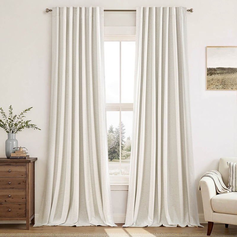 MIULEE Linen 100% Blackout Curtains 108 Inch Long 2 Panels, Back Tab Pinch Pleat Hook Belt Clip Rings Thermal Insulated Drapes for Bedroom Living Room Ivory Cream Farmhouse Black Out Window Curtains