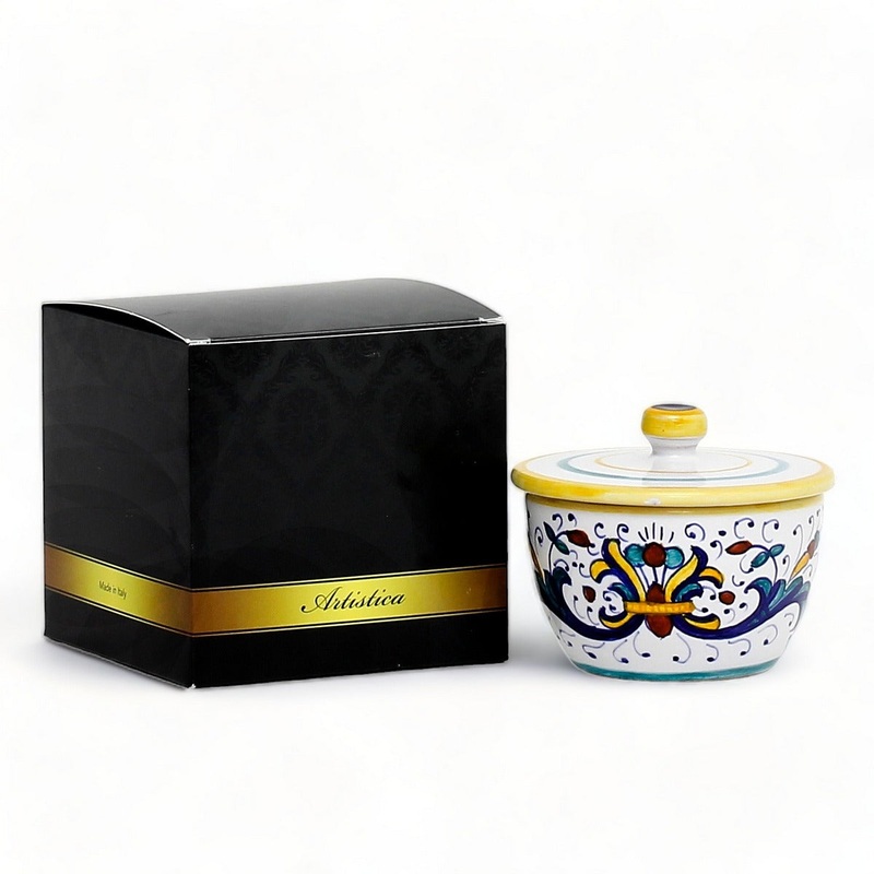 GIFT BOX: With authentic Deruta hand painted ceramic – Sugar Bowl with lid Ricco deruta Design