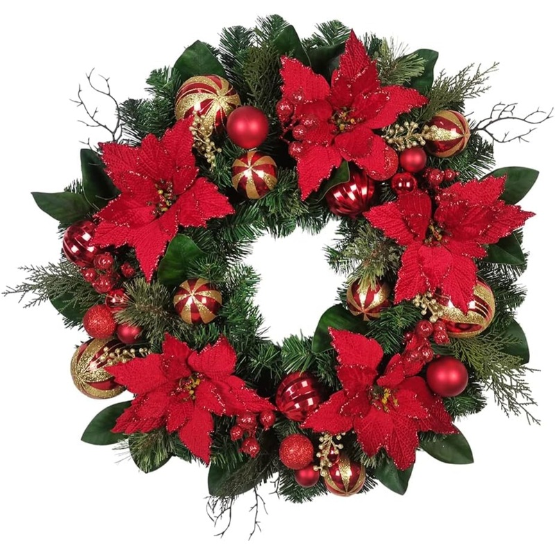 Kurt Adler Unlit Christmas Artificial Decorated Wreath with Ornaments and Poinsettias, Red and Green, 30″