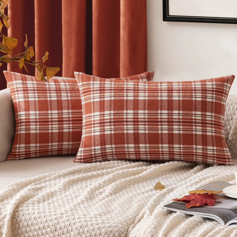 MIULEE Fall Set of 2 Scottish Tartan Plaid Lumbar Throw Pillow Covers Farmhouse Classic Decorative Square Cushion Cases for Decor Sofa Couch 12×20 Inch, Orange and White