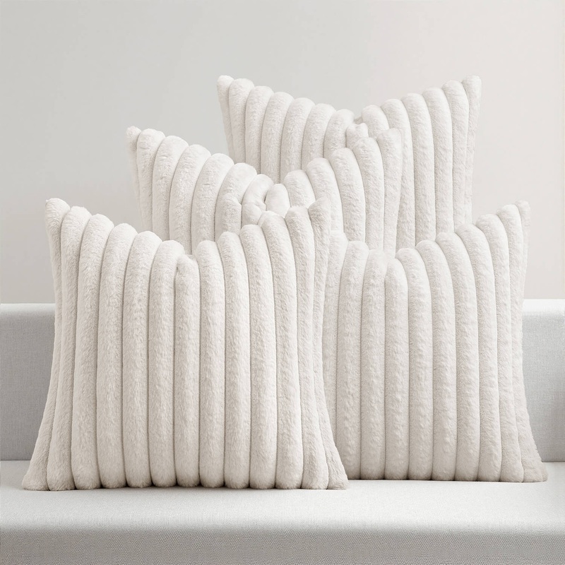 MIULEEFaux Fur PlushDecorative Throw Pillow Covers 18×18 Set of 4, Modern Soft Fuzzy Striped Cushion Covers for Sofa Couch Bed Living Room Cozy Home Decor,Pure White