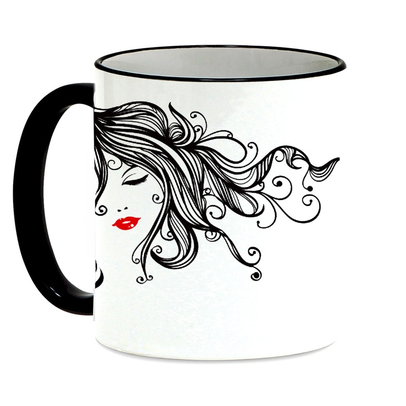 SUBLIMART: Bella Donna Lineart – Mug with black handle and rim featuring styled hand drawn trendy women profiles drawings.