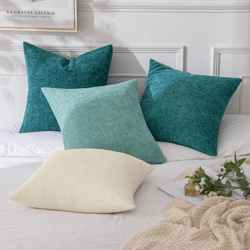 MIULEE Pack of 4 Throw Pillow Covers 18×18 Inch Soft Chenille Couch Pillow Covers for Sofa Living Room Solid Dyed Pillow Cases Teal Blue-White