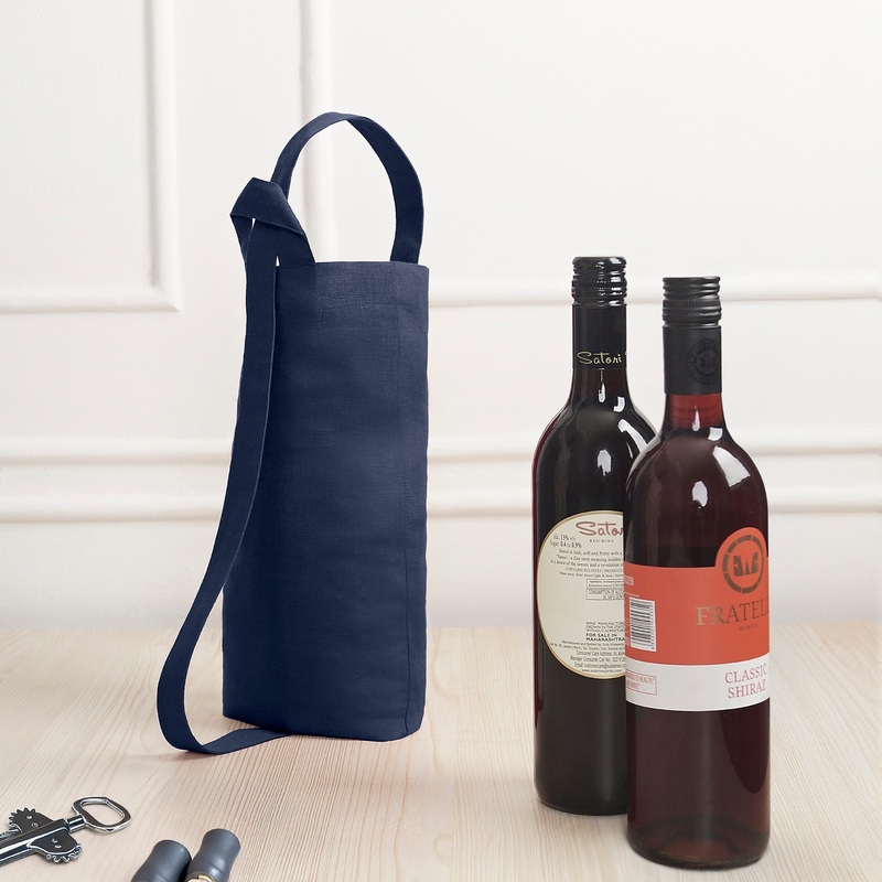 Navy Blue Linen Wine Bag