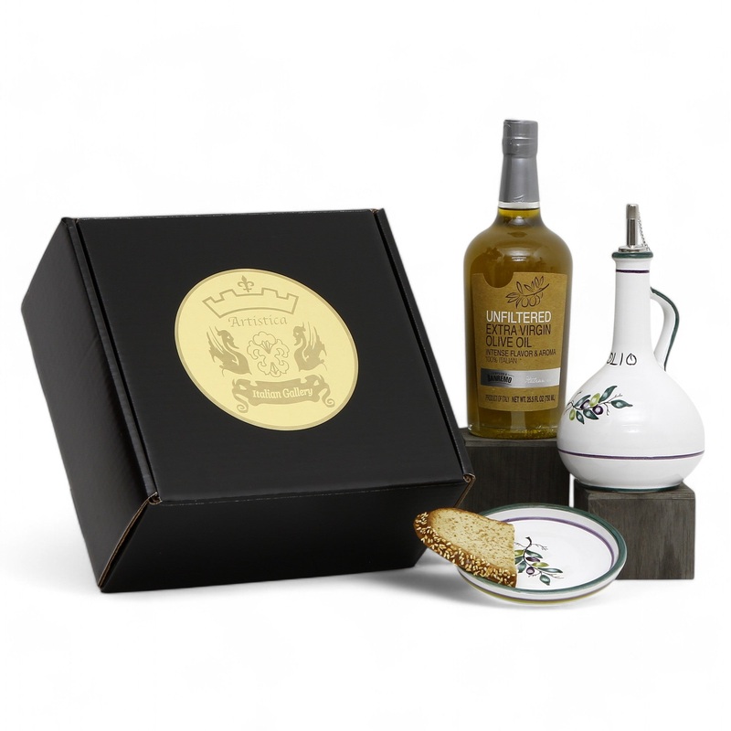 GIFT BOX: With Deruta Olive Oil Dispenser + Saucer/Dipping Bowl + EVOO bottle – OLIVE design