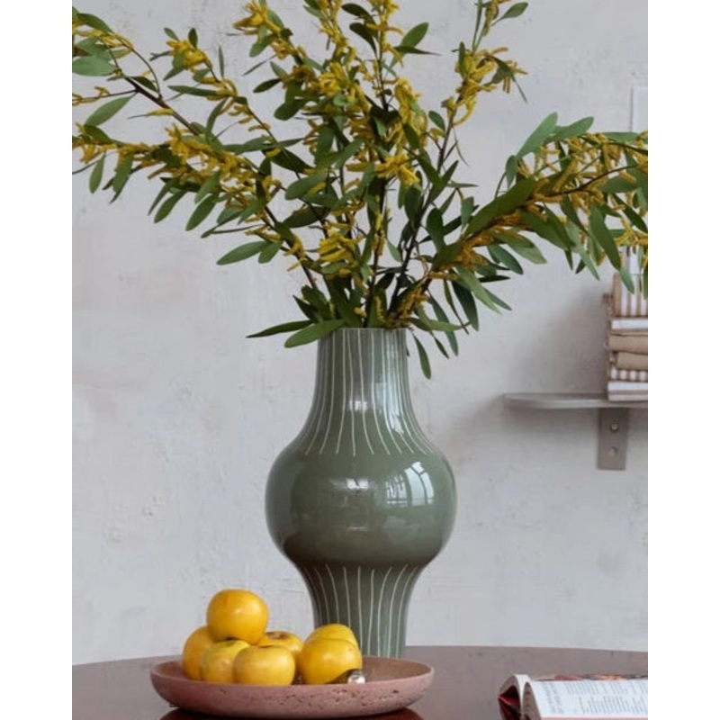 Grey Enameled Metal Indoor/Outdoor Organic Striped Vase