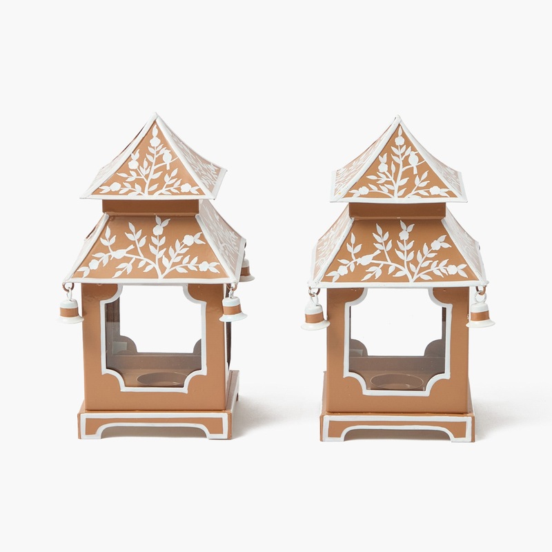 Mini Caramel Chinoiserie Pagoda Lantern (Pair)