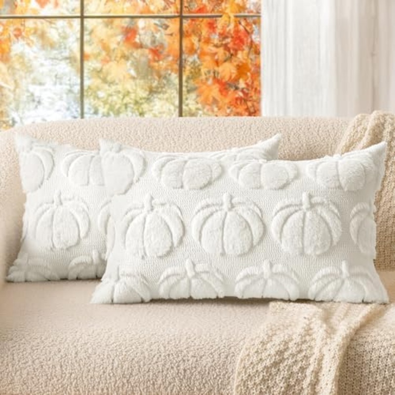 MIULEE Fall Throw Pillow Covers 12×20 Set of 2 Autumn Decorations Dark Rust Pumpkin Accent Lumbar Pillowcase for Sofa Couch Porch Bed Living Room Soft Plush Faux Fur Halloween Farmhouse Home Decor